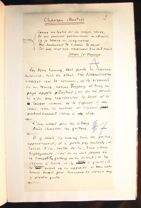 Orig. handwritten and signed manuscript for "Chanson Illustrée." 6 pages narrow 4to., 25-30 lines to each page.