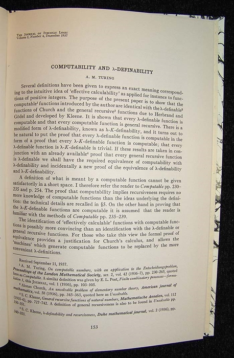 Computability and Lambda-Definability. (Extracted from The Journal of Sybolic Logic, Volume 2, 1937, pp.153-64.).