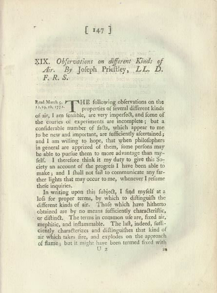 Observations on different Kinds of Air. By Joseph Priestley, LL.D.F.R.S. (Caption title: "Read March 5,12,19,26,1772").