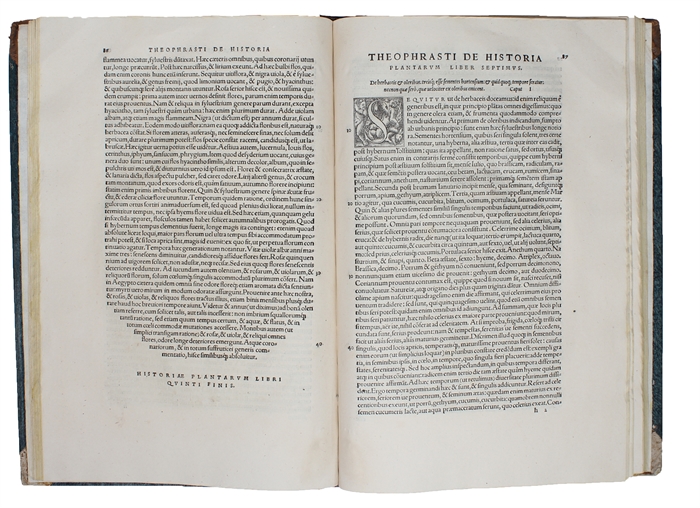 De Historia plantarum Libri VIII, Et Decimi principium De Causis, siute generatione plantarum, Libri VI. Theodoro Gaza interprete. Cum eorum omnium quæ his Theophrasti libris continentur, indice. (2 Parts).