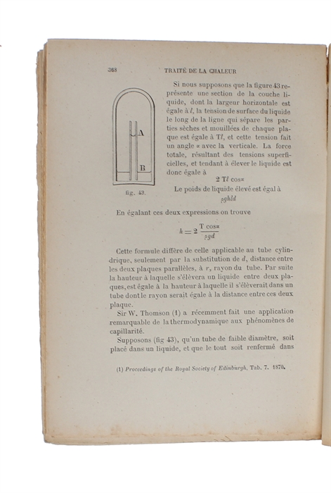 La Chaleur. Lecons Élémentaires sur la Thermometrie, la Calorimétrie, La Thermodynamique, et la Dissipation de L'Énergie. Edition francaise, d'apres la huitieme edition anglaise., par Georges Mouret. Prècédée d'une préface par M.A. Potier.