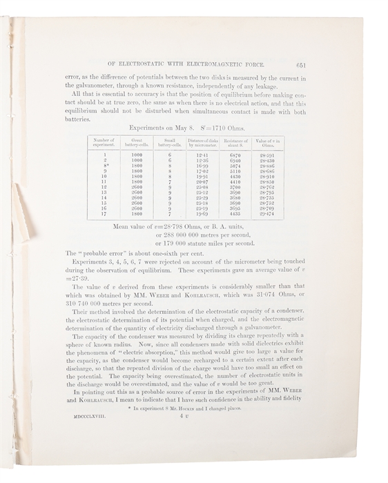 On a Method of making a Direct Comparison of Electrostatic with Electromagnetic Force; with a Note on the Electromagnetic Theory of Light. (Read June 18, 1868).