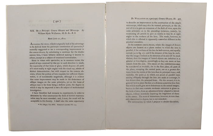 On a Periscopic Camera Obscura and Microscope. Read June 11, 1812.