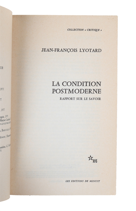 La Condition Postmoderne. Rapport sur le savoir.