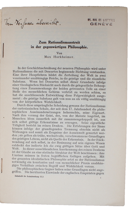 Zum Rationalismusstreit in der gegenwärtigen Philosophie. [Sonderdruck (aus) Zeitschrift für Sozialforschung. Herausgegeben im Auftrag des Instituts für Sozialforschung. Jahrgang III, 1934, Heft I].