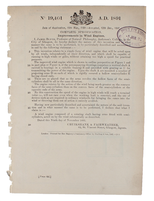 Improvements in Wind Engines. [British Patent] Number: 19,401. A.D. [Date of Application, 10th Nov., 1891 - Accepted, 12th Dec., 1891].