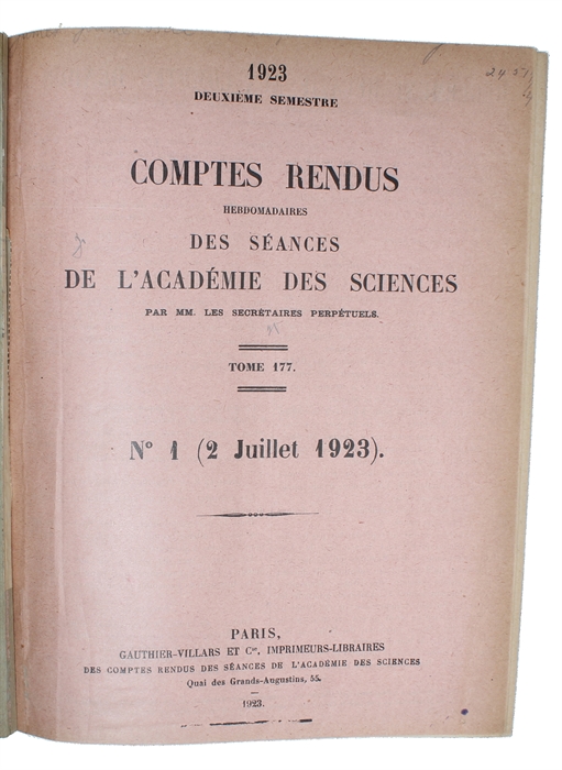 Ondes et quanta. Note de M. Louis de Broglie, présentée par M. Jean Perrin. (Séance du 10 Septembre 1923). (+) Quanta de lumière, diffraction et interférences. Note de M. Louis de Broglie, transmise par M. Jean Perrin. (Séance du 24 Septembre 1923). (+...