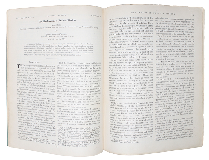 The mechanism of nuclear fission [N. Bohr. & J. A. Wheeler] "On continued gravitational contraction" [J. R. Oppenheimer & H. Snyder].