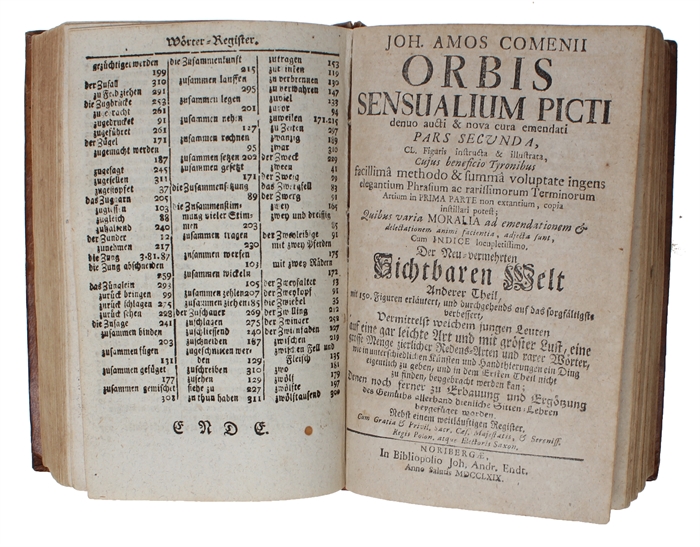 Orbis Sensualium Picti Pars I-II. Der sichtbaren Welt. Erster - (Anderer) Theil. Das ist: Aller vornehmsten Welt=Dinge, und Lebens=Verrichtungen, Vorbildung und Benahmung. Aus neue ausgelegt, an unzählichen Orten, nebst einem Titel= und Wörter=Registe...