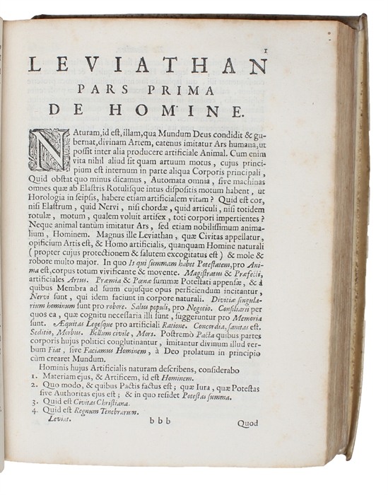 Opera Philosophica, Quae Latinè scripsit, Omnia. Antè quidem per partes, nunc autem, post cognitas omnium Objectiones, conjunctim & accuratiùs Edita. [8 parts]. [Including "leviathan" for the first time in Latin].