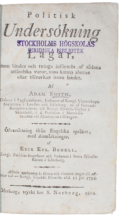 Politisk undersökning om lagar, som hindra och tvinga införseln af sådana utländska varor, som kunna alstras eller tillverkas inom landet. Göteborg. (i.e. English: "An Inquiry into the Nature and Causes of the Wealth of Nations").