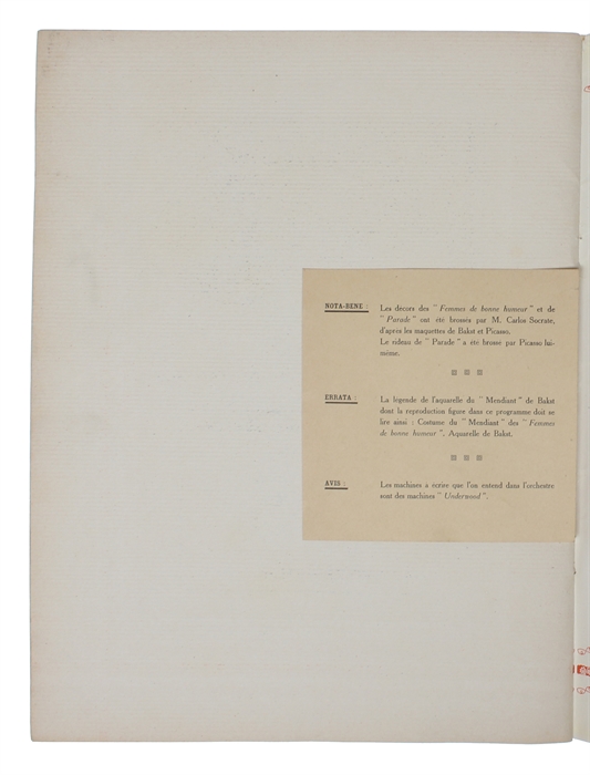 BALLETS RUSSES. PROGRAMME. PARIS 1917. Les Ballets Russes a Paris. Représentations Exceptionelles avec le gracieux Concours des Artistes de M. Serge de Diaghilew. - Programme des Ballets Russes. Les Ballets Russes à Paris. Saison - Mai 1917. [Guillau...