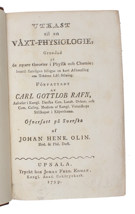 Utkast til en växt-physiologie, grundad på de nyare theorier i physik och chemie; hvartil sluteligen bifogas en kort afhandling om trädens löf-fällning. Öfversatt på svenska af Johan Henr. Olin.