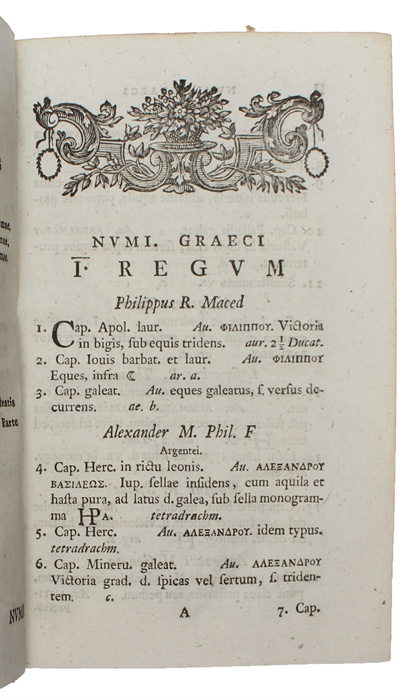 Catalogus von theils alten raren griechisch und römischen Müntzen in Gold, Silber und Ertzt numis solidis, bracteatis, Ducaten, gantzen, halben & viertels Thalern, Groschen, Medaillen & Amuletis.