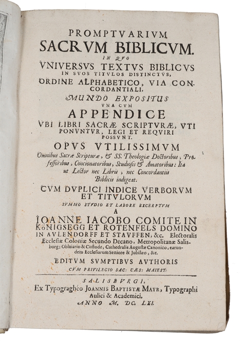 Promptuarium sacrum biblicum in quo universus textus biblicus in suos titulos distinctus, ordine alphabetico (...). Vol. 1 (out of 2). 