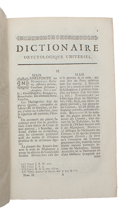 Dictionnaire Universel des fossiles propres et des fossiles accidentels, contenant une description des terres, des sables, des sels, des soufres, des bitumes (...). 2 vols.