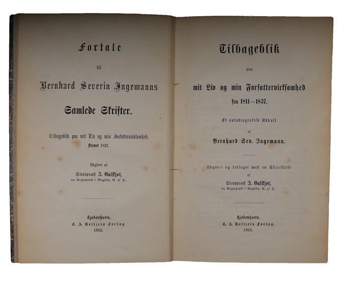 Tilbageblik paa mit Liv og min Forfattervirksomhed fra 1811-1837. Et autobiografisk Udkast af Bernhard Sev. Ingemann. Udgivet og ledsaget med en Efterskrift af Slotspræst J. Galskjøt. (Fortale til Bernhard Severin Ingemanns Samlede Skrifter.)