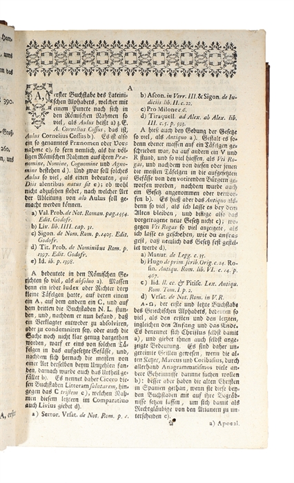 Gründliches Antiquitäten-Lexicon, worinne die merckwürdigsten Alterthümer der Jüden, Griechen, Römer, Teutschen und ersten Christen zulänglich beschrieben und mit ihren Auctoribus bewiesen werden.