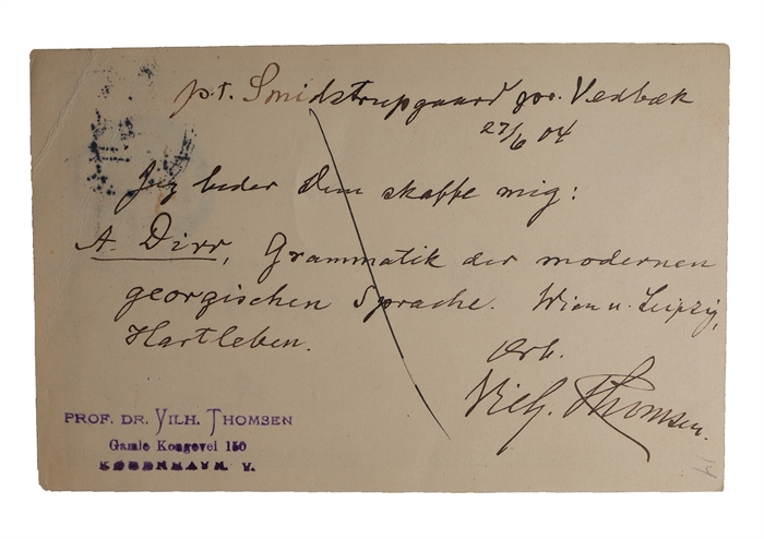 Originalt håndskrevet postkort til "G.E.C. Gads Universitetsboghandel", signeret "Vilh. Thomsen".