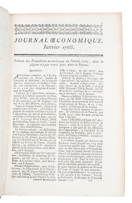 Journal économique ou mémoires, notes et avis (...). (7 volumes: 1766, 1767, 1768, 1769, 1770, 1771, 1772). (oeconomique)