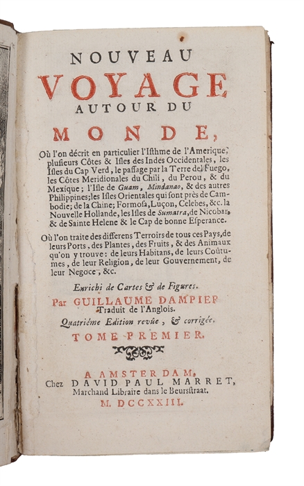 Nouveau Voyage Autour Du Monde Où l'on décrit en particulier l'Isthme de l'Amerique, plusieurs Côtes et Isles des Indes Occidentales. Quatrieme Edition revue & corrigee. (Vol. 1, 2, 3 and 5 - wanting vol. 4) (+) Traité des Vents alisez ou reglez...