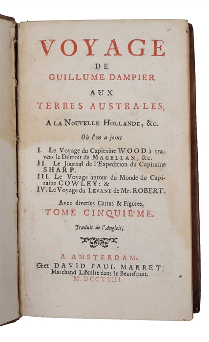 Nouveau Voyage Autour Du Monde Où l'on décrit en particulier l'Isthme de l'Amerique, plusieurs Côtes et Isles des Indes Occidentales. Quatrieme Edition revue & corrigee. (Vol. 1, 2, 3 and 5 - wanting vol. 4) (+) Traité des Vents alisez ou reglez...