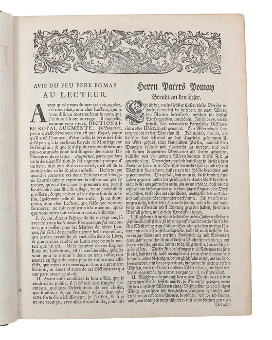 Le grand dictionnaire royal en trois langues savoir la francoise, la latine et l'allemande. Nouvelle edition. 2 vols. 