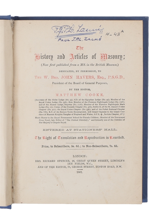 The history and articles of Masonry, (now first published from a MS in the British Museum).