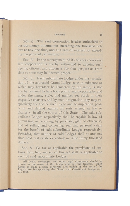 Charges of a Freemason, charter, constitution and by-laws of the M.W. Grand Lodge of ancient free and accepted masons of the state of Illinois.