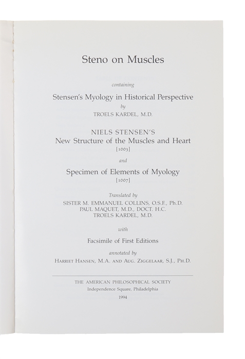 Steno on Muscles. Introduction, Texts and Translation. (In Transactions, American Philosophical Society (Vol. 84, Part 1)).