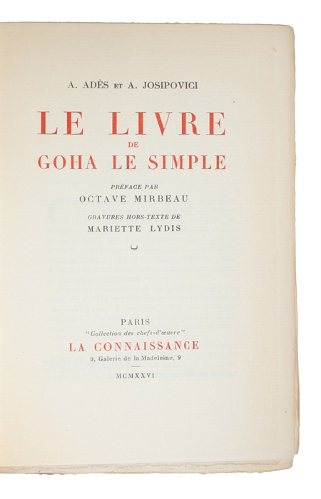 Le Livre de Gotha le Simple. Preface de Octave Mirbeau. Gravures hors-texte de Mariette Lydis. Paris, La Connaissance, 1926.