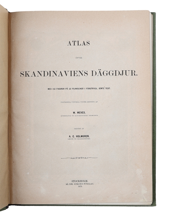 Atlas öfver Skandinaviens Däggdjur. Med 132 Figurer på 22 Plancher i Färgtryck, jemte Text. Figurerna utförda under Ledning af W. Meves. Texten af A.F. Holmgren. + Supplement. Kranier.