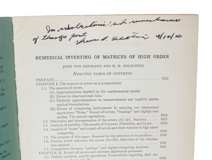 Numerical Inverting of Matrices of High Order. Part 1-2 (All published). (In: Bulletin of the American Mathematical Society, volume 53, pp.1021-99 + Proceedings of the American Mathematical Society, volume 2, pp.188-202).