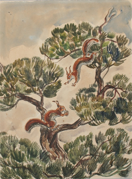 12 originale akvareller til "Bogen om Lasse og Dyrene."