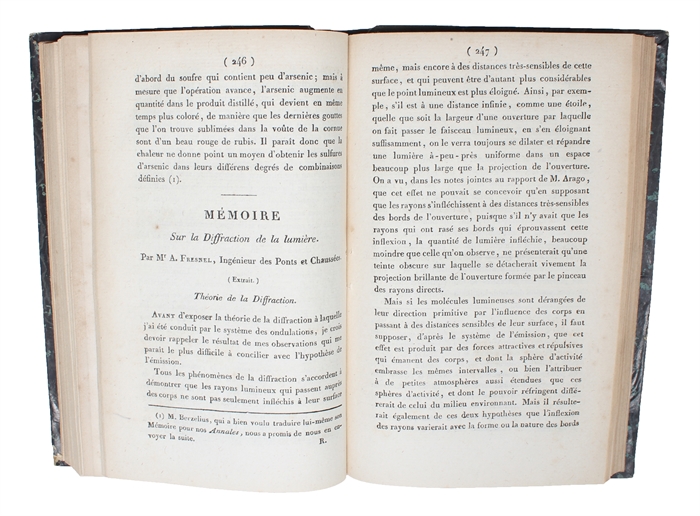 Mémoire sur la Diffraction de la lumière, où l'on examine particululièrement le phénomène des franges colorées que présentent les ombres des corps éclairés par un point lumineux. -  Extrait d'une Lettre de M. Fresnel à M. Arago, sur l'influence de ...