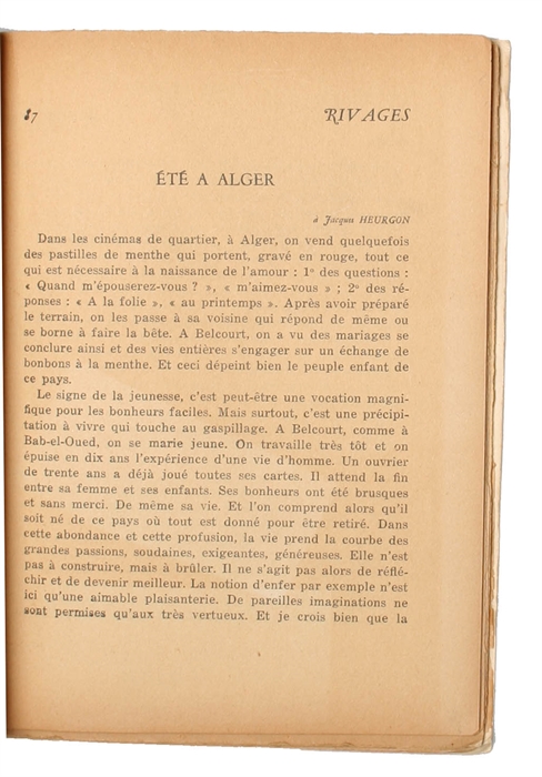 Été à Alger. [In: Rivages. Revue de Culture Méditerranéenne paraissant six fois sur an. No. 2].