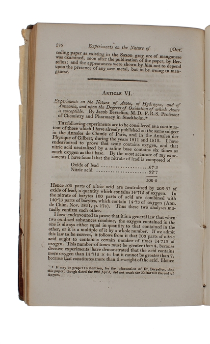 Experiments on the Nature of Azote, of Hydrogen, and of Ammonia, and upon the Degrees of Oxidation of which Azote is susceptible. (+) Essay on the Cause of Chemical Proportions, and on some Circumstances relating to them: together with a short and eas...