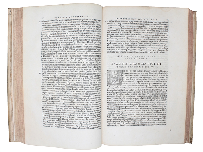 Saxonis Grammatici Danorum Historiae libri XVI, tre centis abhinc annis conscripta, tanta dictionis elegantia, rerung. gestarum varietate, ut cum omni vetustate contendere optimo iure videri possint. Accessit rerum memorabilium Index locupletissimus. D...