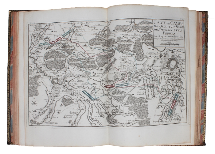Histoire militaire de Flandre, depuis l'année 1690 jusqu en 1694 inclusivement; qui comprend le Detail des Marches, Campemens, Batailles, Sieges & Mouvemens des Armees du Roi, & de celles des Alliés pendant ces cinq Campagnes. 3 Vols. (Textvol. in 5 ...