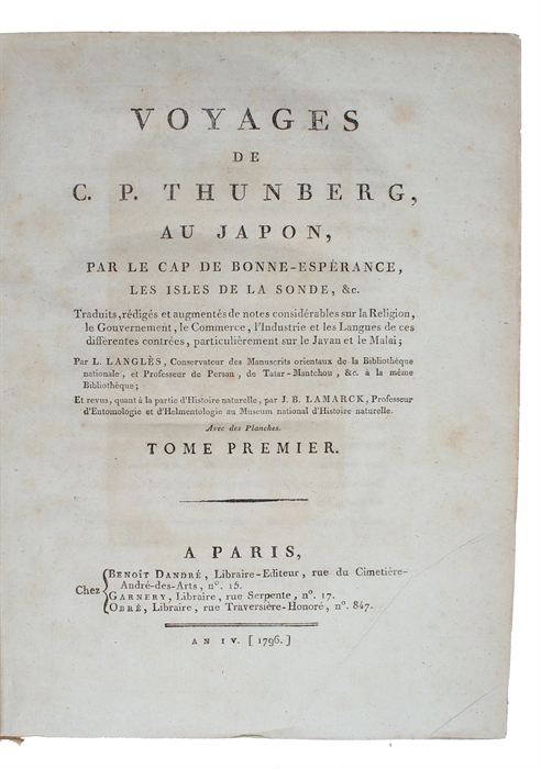 Voyages de C. P. Thunberg, au Japon, par le Cap de Bonne-Espérance, les isles de la Sonde, &c.