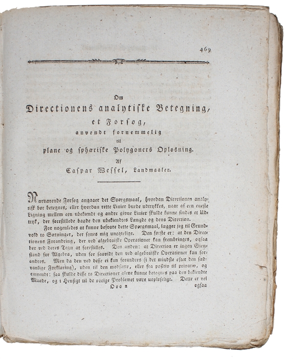 Om Directionens analytiske Betegning, et forsøg, anvendt fornemmelig til plane og sphæriske Polygoners Opløsning. (Essai sur la représentation analytique de la direction, avec des applications, en particular à la détermination des polygones plans et de...