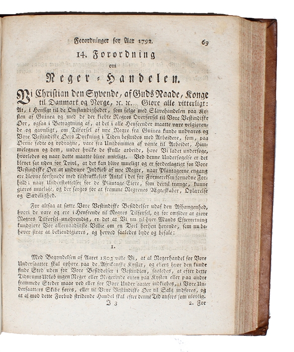 Forordning om Neger=Handelen (i.e. Decree about the Negro-Trade). [In. Kong Christian den Syvendes allernaadigste Forordninger og aabne Breve for Aar 1792]. 