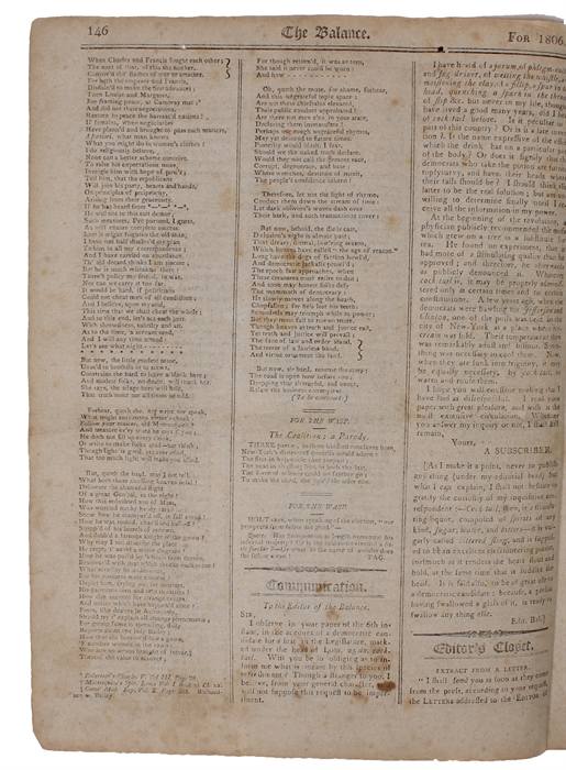 Entire May 13, 1806-issue of the Balance and Columbian Repository No. 19, Vol. V.