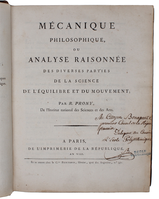 Mécanique Philosophique, ou Analyse Raisonnée des diverses parties de la Science de l'Équilibre et du Mouvement. 