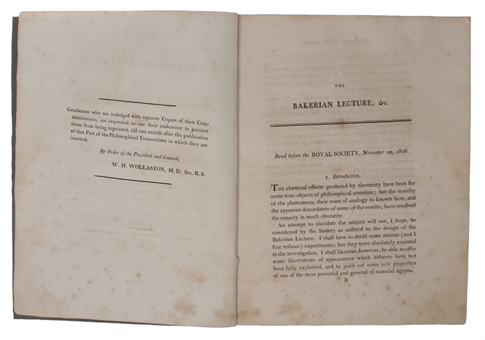 The Bakerian Lecture, on some chemical Agencies of Electricity. Read November 20, 1806.