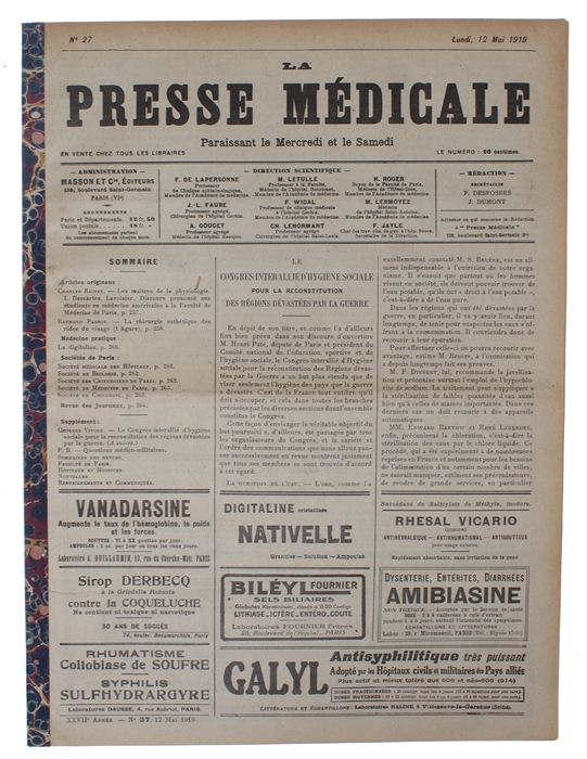 La Chirurgie Esthétique des Rides du Visage. [In: La Presse Médicale. No 27. Lundi, 12 Mai 1919].