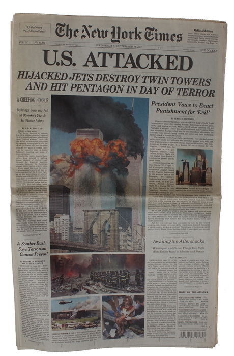 The New York Times. National Edition. Wednesday, September 12, 2001. Vol. CL No. 51,874. The entire issue present (four sections).