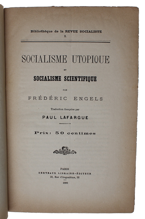 Socialisme utopique et socialisme scientifique. Traduction francaise par Paul Lafargue. 