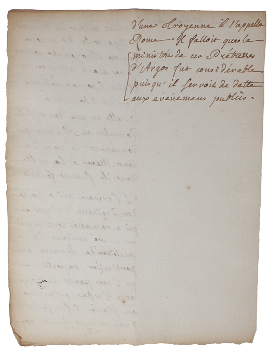 Original handwritten manuscript-leaf in Rousseau's hand concerning Rome, the mother of Romulus and Remus, taken from Dionysos Halicarnassos.