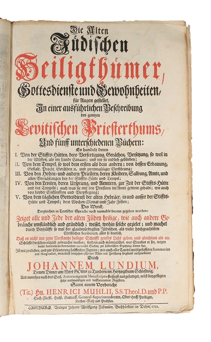 Die Alten Jüdischen Heiligthümer, Gottesdienste und Gewohnheiten, für Augen gestellet, In einer ausführlichen Beschreibung des gantzen Levitischen Priesterthums.